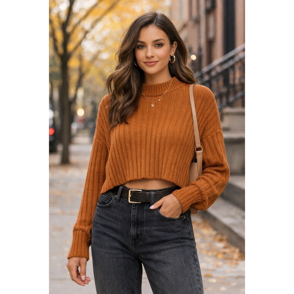 American Eagle Cropped Sweater Womens Small Orange Excellent Ribbed Mock Neck